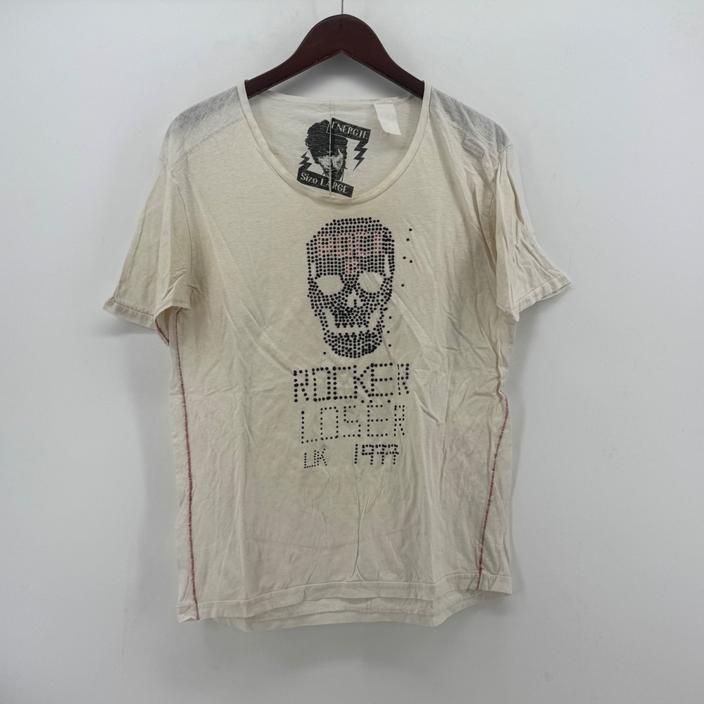 Energie Mens Rocker Loser Skull Graphic Studded T-Shirt Cream Large UK 1977